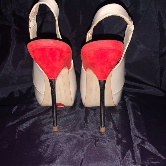 Zara, Neutral patent leather sling metal healed peep-toe platform shoe, size 6.5 - Picture 4 of 6